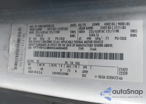 2019 Ford Transit-250 из США, поврежденный, VIN 1FTYR1CM0KKA80405